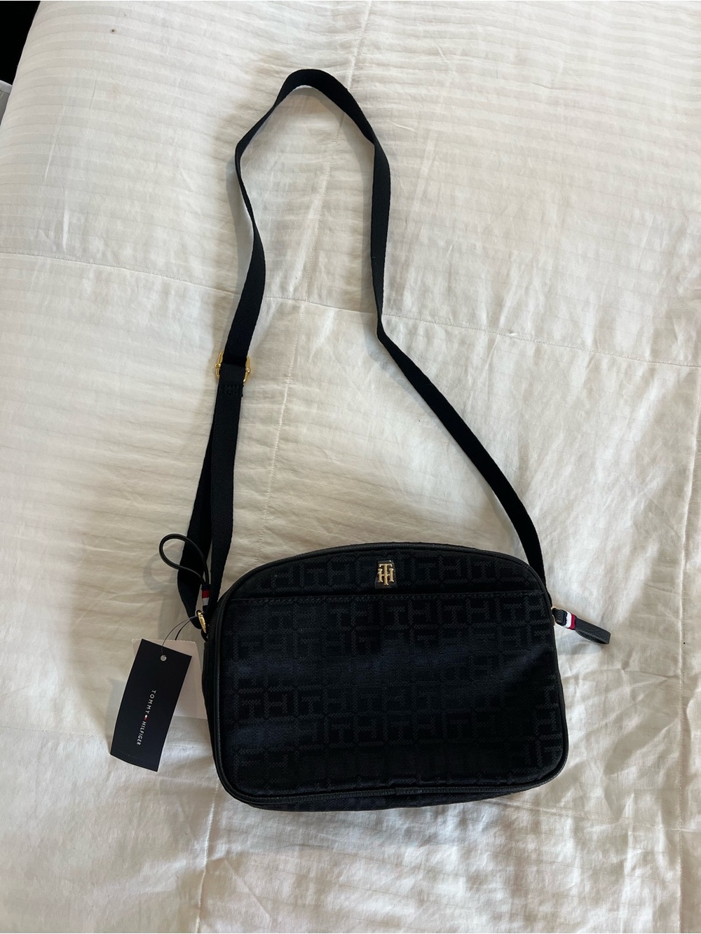 Tommy Hilfiger Black Monogram Crossbody Bag with Gold Hardware